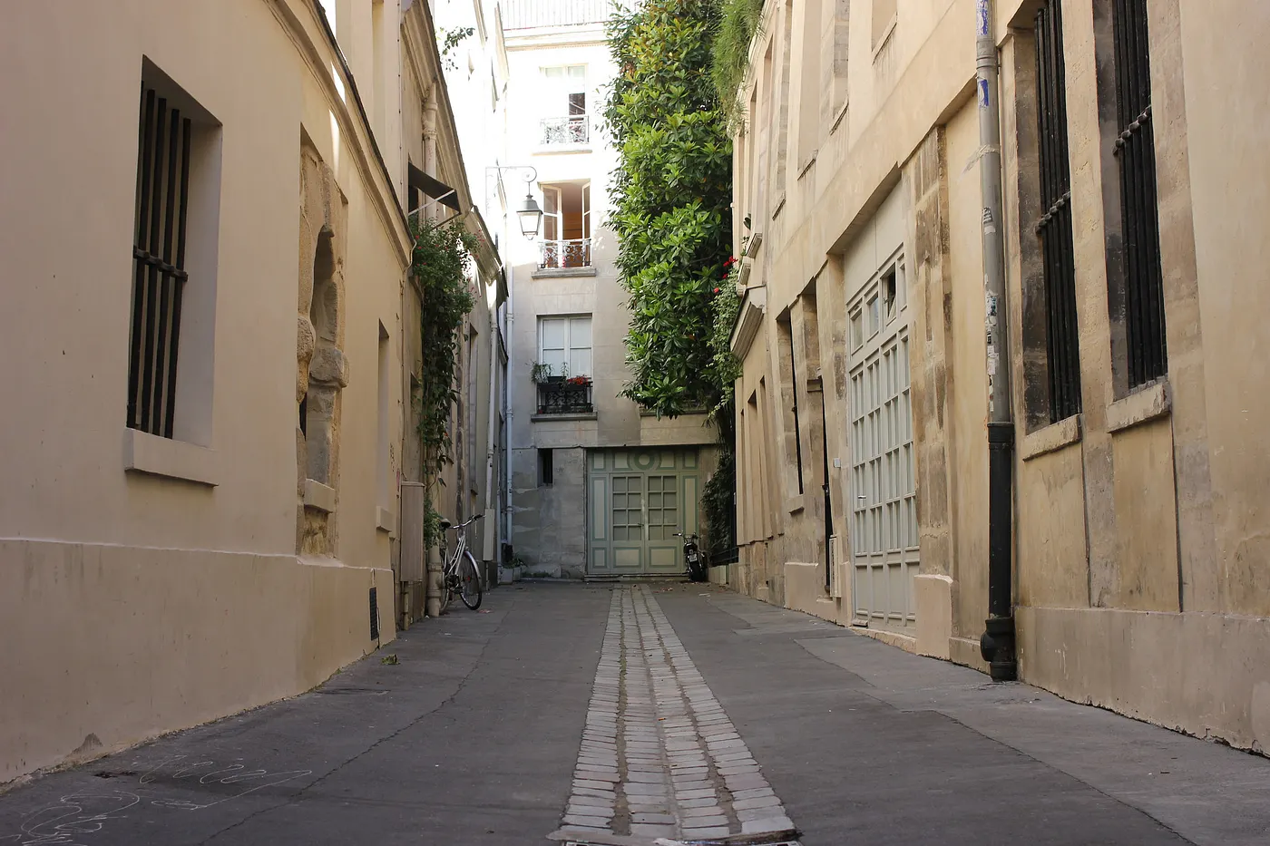 Auto-generated description: A narrow urban alleyway with beige buildings and a small cobblestone path lined with plants on balconies.